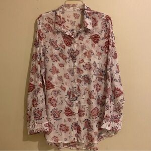 BD Collection Women's Sheer Blouse Boho Size XL Button Up Floral White Top
